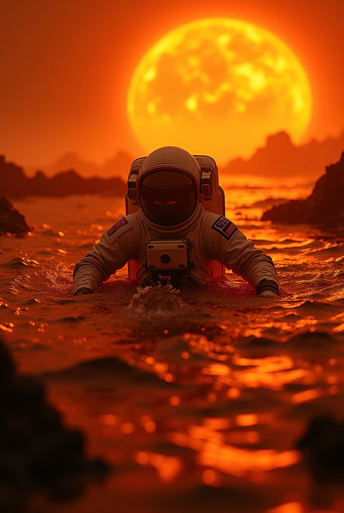 astronaut,malaysia,59 year old,swimming in sun lava,extremely hot environment,on the surface of the sun,(best quality,4k,8k,highres,masterpiece:1.2),ultra-detailed,(realistic,photorealistic,photo-realistic:1.37),detailed face and body,dramatic lighting,intense colors,fiery atmosphere,molten lava,scorching heat,sci-fi,cinematic