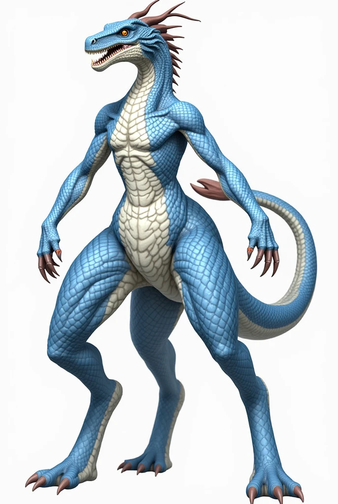 Species ("Four legged Dragon")

Appearance ("Height 330 cm"+"Body covered in rough scales, while her genitals are very smooth"+"Sharp claws and sharp teeth"+"Horn on head"+"Brown eyes"+"Scales on abdomen and inner legs are white"+"Scales on other parts are blue"+"Small wings"+"Flying"+"Slender tail"+"Brown eyes")