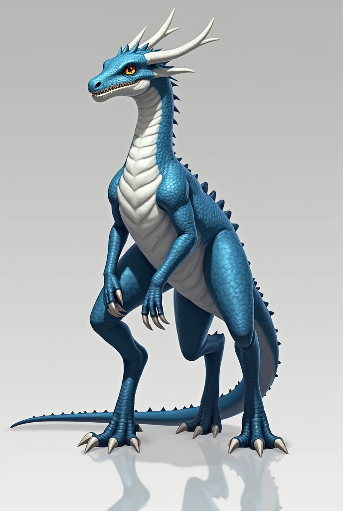 Species ("Four legged Dragon")

Appearance ("Height 330 cm"+"Body covered in rough scales, while her genitals are very smooth"+"Sharp claws and sharp teeth"+"Horn on head"+"Brown eyes"+"Scales on abdomen and inner legs are white"+"Scales on other parts are blue"+"Small wings"+"Flying"+"Slender tail"+"Brown eyes")