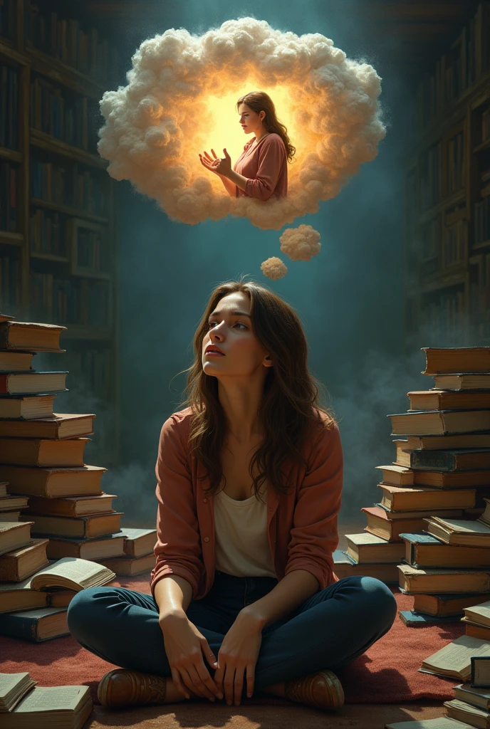 Create an image of Anna looking introspective with books piled around her, and a dream bubble showing her future self speaking before an audience."