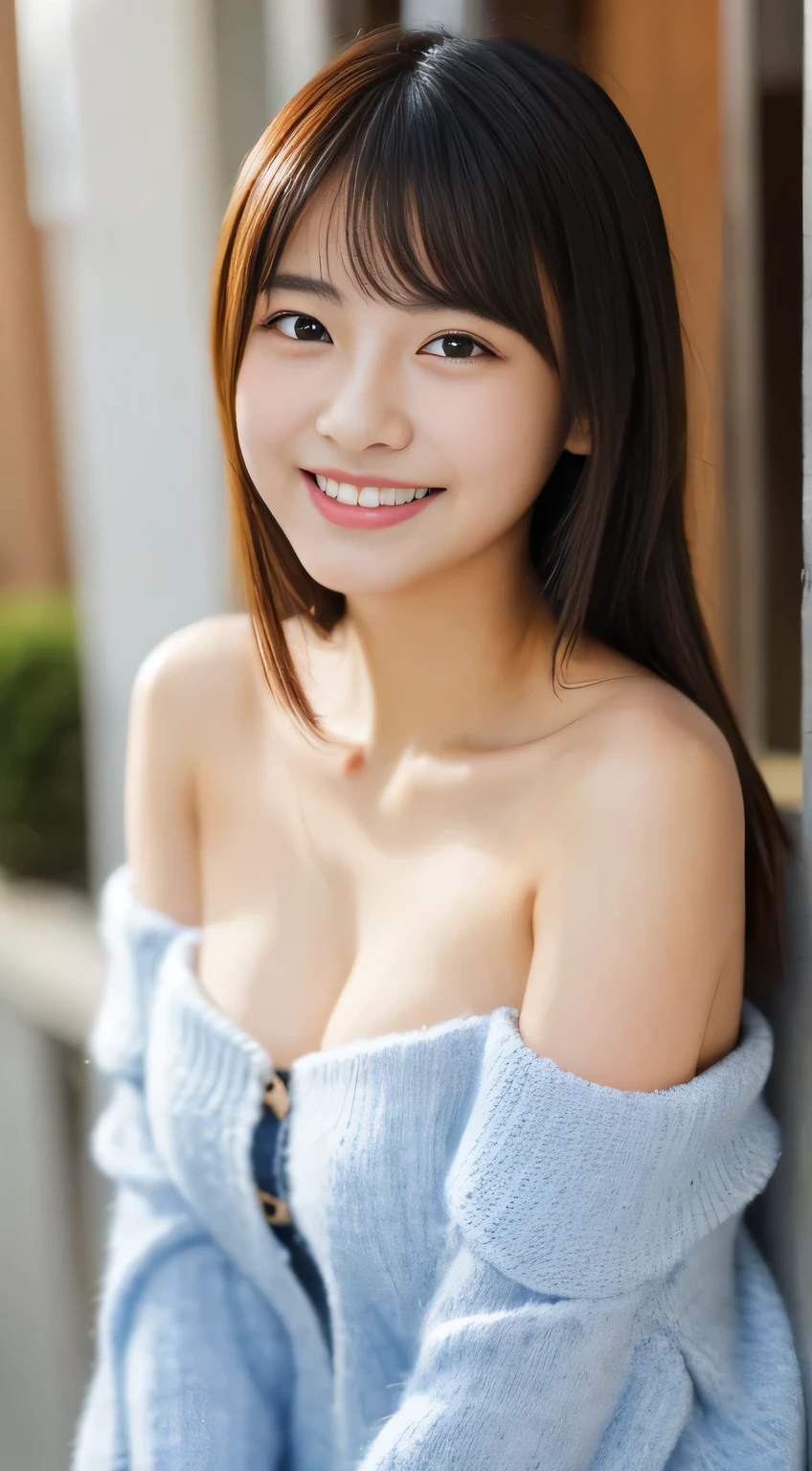 masterpiece,best quality,(Japanese girl),((Beautiful girl)),cleavage,(off shoulder:1.2),(perfect body beauty:1.2),(shy smile),beautiful teeth,From slightly above