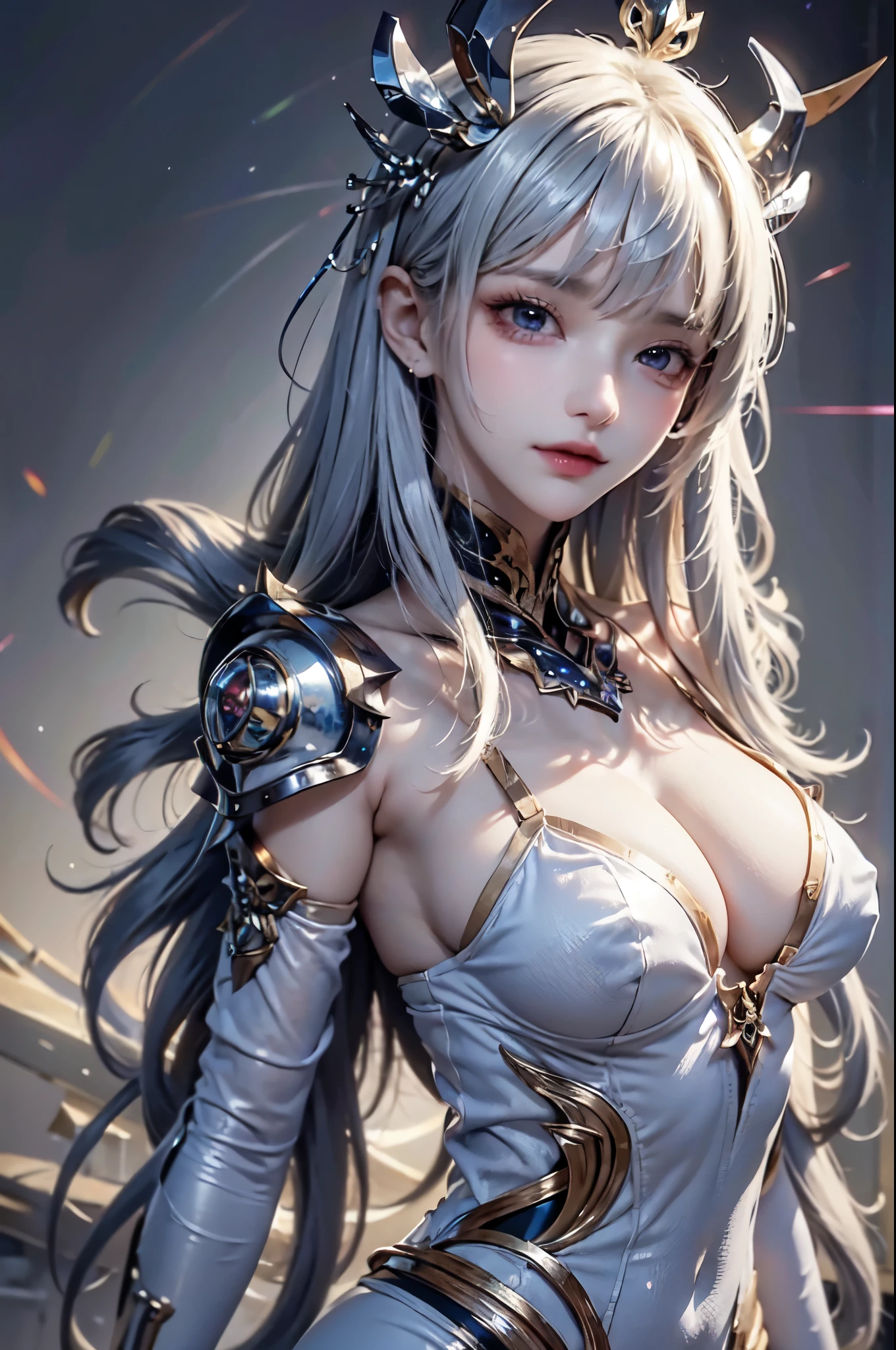 NSFW,((top quality、8k、masterpiece:1.3))Wears a silver-white mech,girl with delicate face,Highest image quality,Ultra-clear,Delicate and clear facial features,end of the world,Mechanical arm,Exquisitely detailed mechanical pattern,Cyberpunk characters、numbercity、number、century、throne、(((Completely naked)))