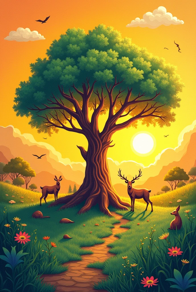 "A vibrant vector art wall painting in the ratio 11:7, in landscape orientation. The scene features a 2D-shaped 'Kalpa Vriksha' as the central object, with a well-above sunrise casting a warm glow. The surrounding area includes lush green grass with small animals like deer and rabbits near the Kalpa Vriksha. The sky has a soft morning hue with a few birds in flight. The colors are vibrant and attractive, designed to match yellow surrounding tiles