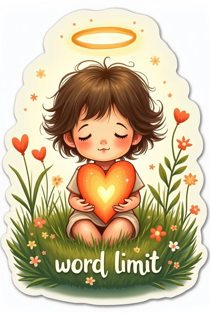 Drawn angel sticker - a child holding a heart, In the grass
A halo above the head. Flowers
Word" limit" under it