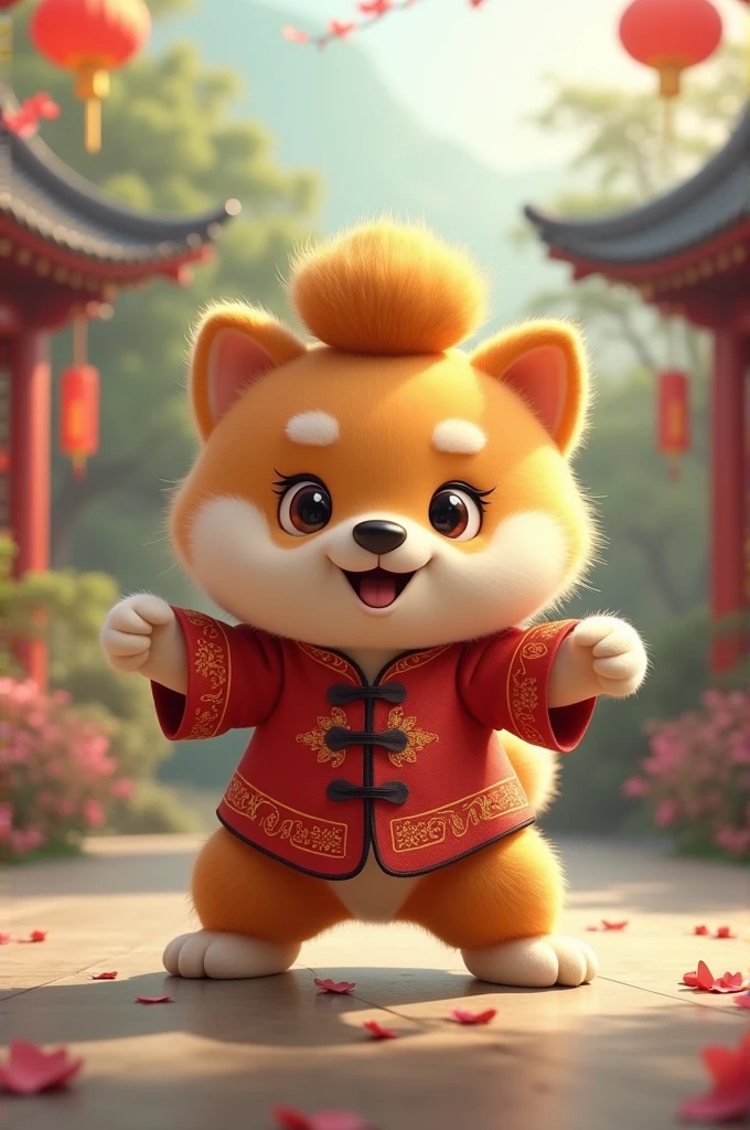 A cheems dog with chignon hair performing kung fu