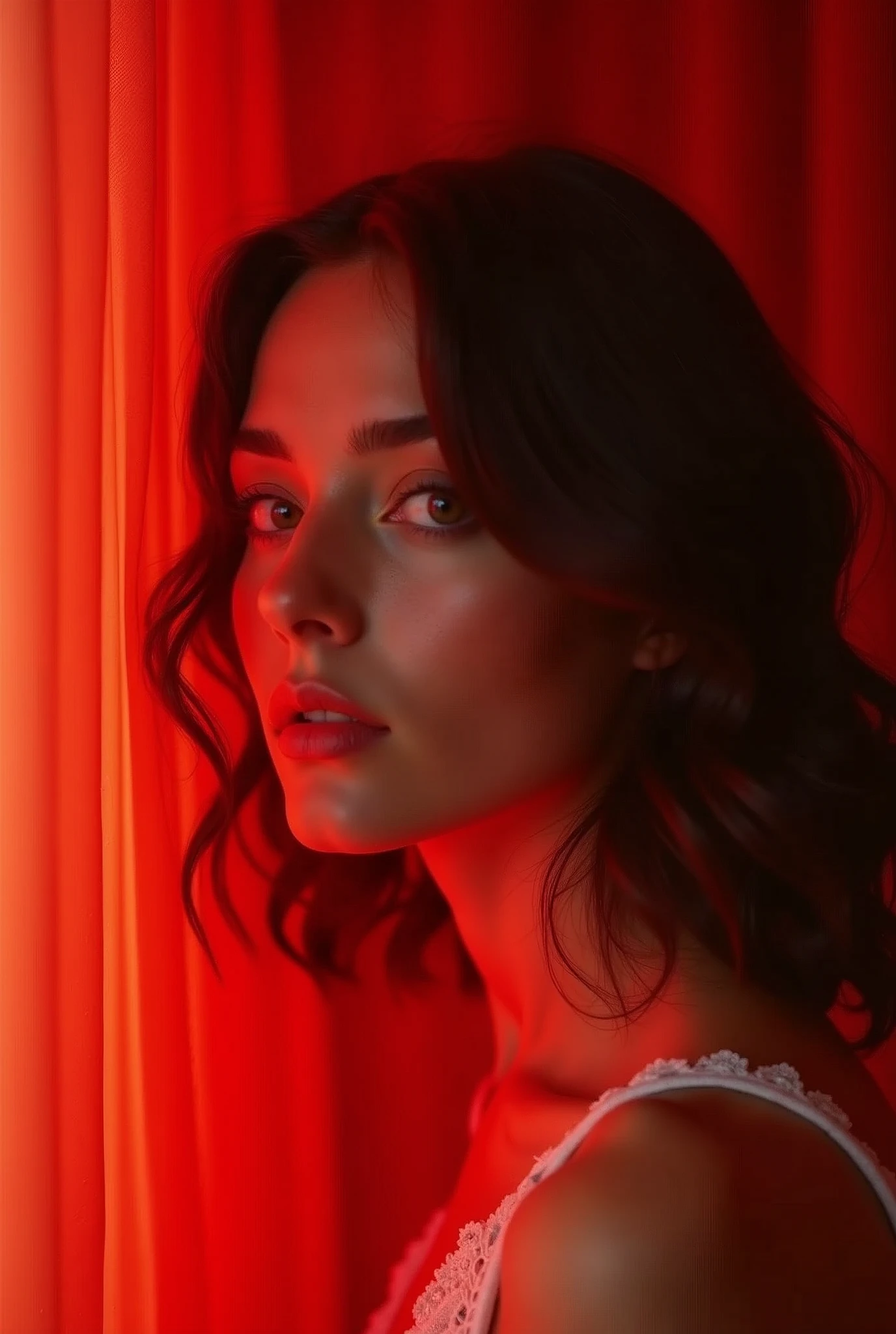 Swallowed by Red, Portrait of a Beautiful Young French Woman, Intricate details, Modern, 16K, The art of math, Art Station, Movie Lighting, vivid, Professional 3D Model Simulation Movie Photos, Portrait of a Beautiful Young French Woman, Faded films, Desaturation, 35mm Photo, Granular, Vignette, High quality, Kodachrome, Rama Photography, dyeing, Very detailed, Footage of discovery . Octane Rendering, Very detailed, volume, Dramatic Lighting