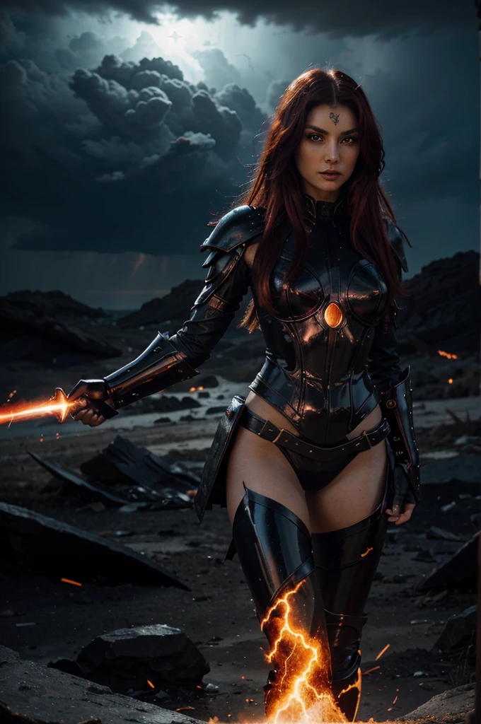 Transform Starfire into a fierce, otherworldly warrior with fiery red and black armor, her eyes glowing with an otherworldly light. Surround her with a swirling, dark energy that mirrors her powers, set against a backdrop of a storm-torn, alien landscape