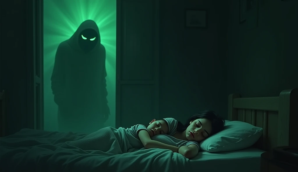The green shadow towering over Sunaina as she sleeps, with Kittu(4 year girl) lying beside her. The shadow’s form is indistinct, but its eyes glow with malevolence, watching the helpless family.