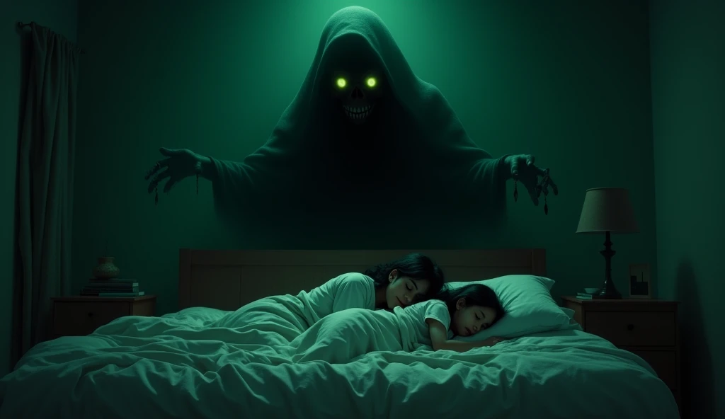 The green shadow towering over Sunaina as she sleeps, with Kittu(4 year girl) lying beside her. The shadow’s form is indistinct, but its eyes glow with malevolence, watching the helpless family.