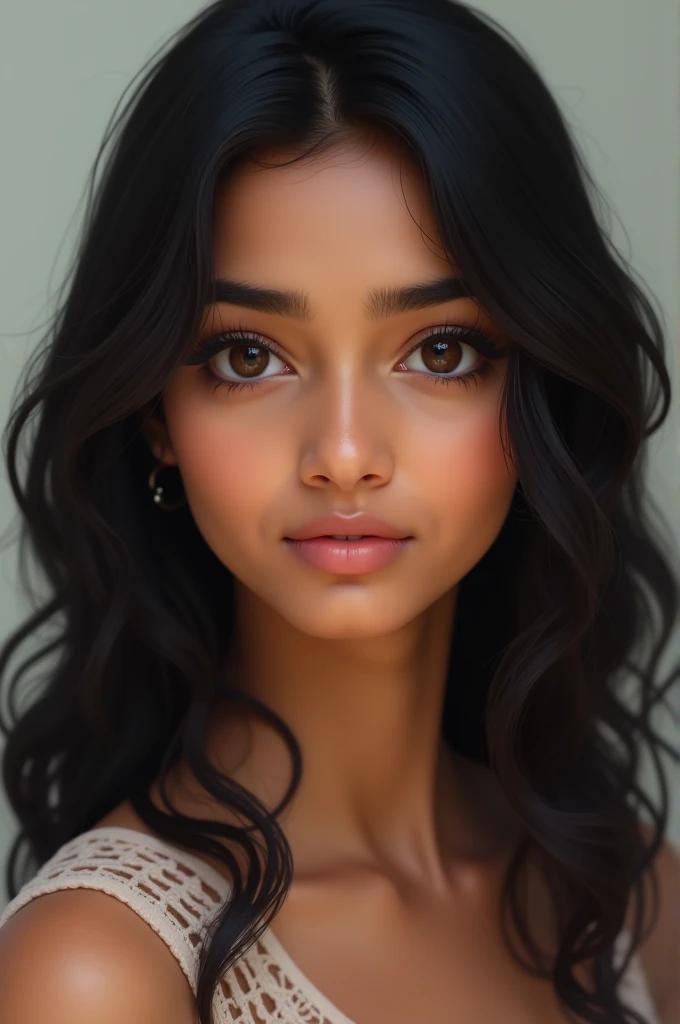 16 year old indian girl, wheatish complexion, doe eyes, long eye lashes, wavy black hair should ler length, straight nose, normal lips