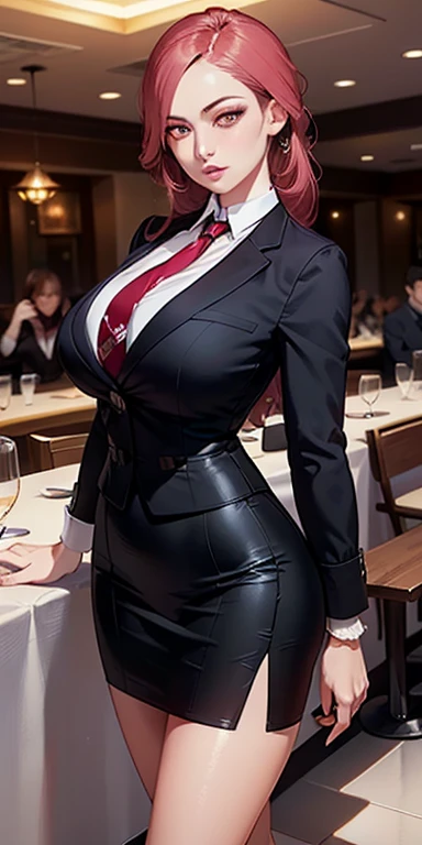  (masterpiece,best quality:1.4),(8k,raw photo,photo realistic:1.2),shiny skin,detailed skin,detailed face,detailed eyes,1girl,Japanese idol,beautiful face,Mature Woman,(For business clothes,Formal jacket,neck tie, tie,White shirt, skirt, Heel,ハイウエストskirt)( Perfect round big breasts,Hourglass-shaped body, Narrow waist,btpt-fc,Photorealistic, (Surreal:1)beautiful, masterpiece, Highest quality, Highly detailed face, Perfect lighting,Detailed eye makeup, Detailed aspect, Nice fine detail,Nice hands, Perfect hands (Realistic students,Realistic Iris:1) Heavy eye makeup (working at a restaurant, background restaurant)
