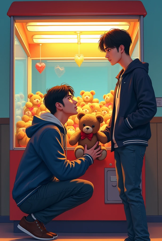 Handsome man, wearing a sport jacket, he is squating , holding a teddy bear, a man standing next to him, looking at him amazed, they are in front of a claw machine, manhwa style
