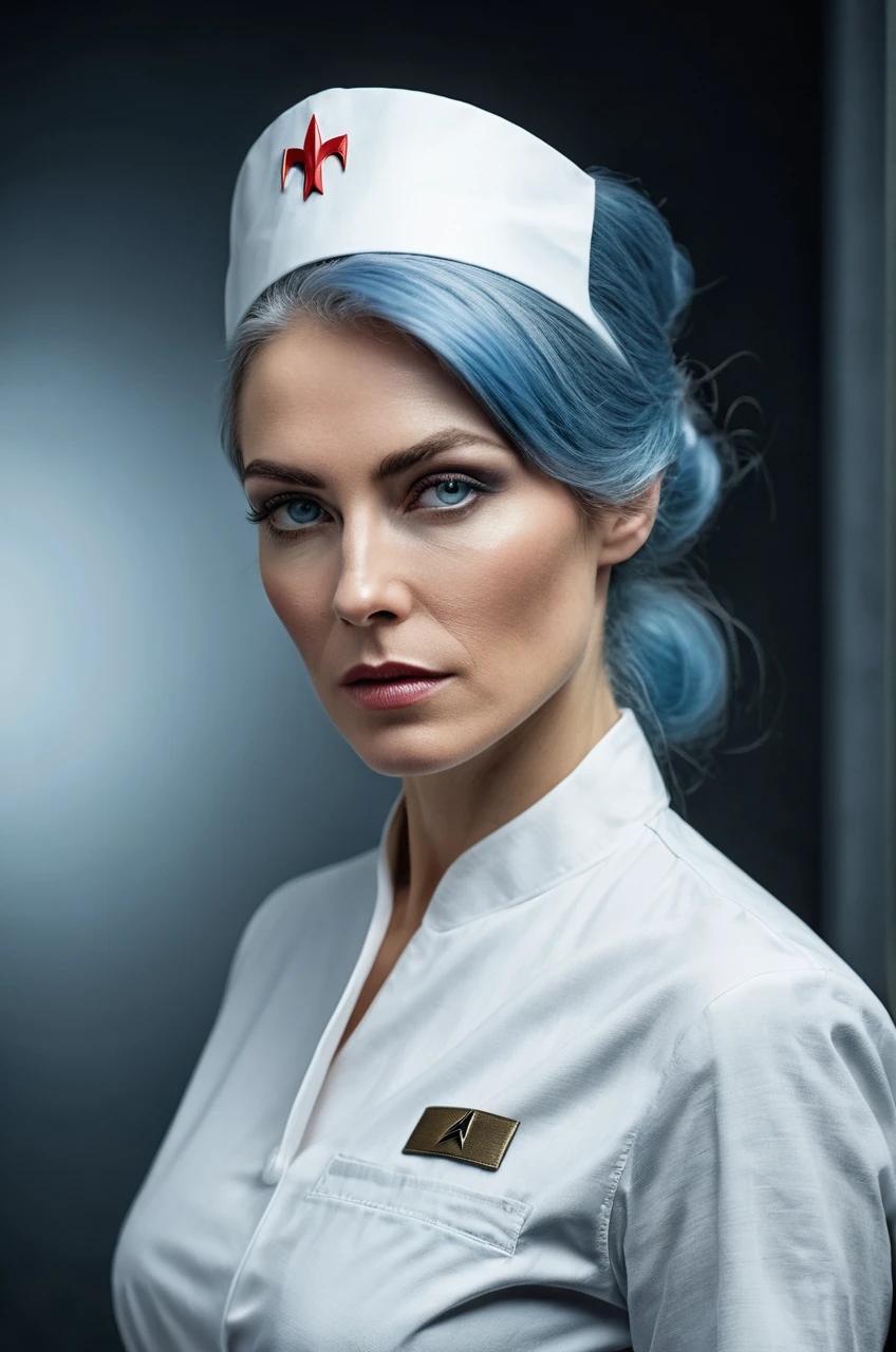 (photorealism:1.2) Create a realistic image of a human female in a dramatic pose, a nurse character in a dark fantasy style from the 80s., make it look like a scene from a Star Trek movie, with red irises, with formal white nurse uniform, white bandage on the ankles, wearing white ballerina shoes, Light blue hair gathered in a low ponytail on the lower side, with a nurse's headband, with a white medical patch covering his left eye, dark and shadowy color palette, do it in a dingy experiment lab
