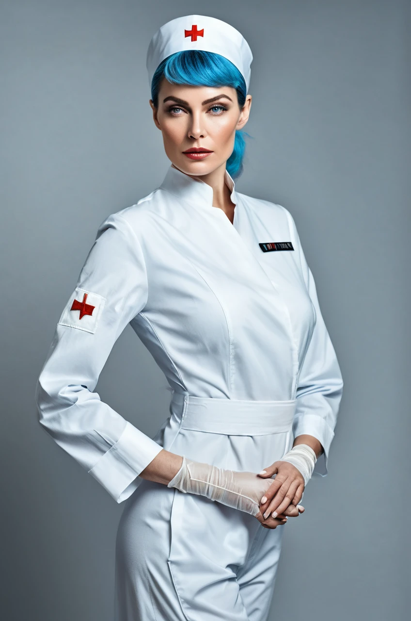 (photorealism:1.2) Create a realistic image of a human female in a dramatic pose, a nurse character in a dark fantasy style from the 80s., make it look like a scene from a Star Trek movie, with red irises, with formal white nurse uniform, white bandage on the ankles, wearing white ballerina shoes, Light blue hair gathered in a low ponytail on the lower side, with a nurse's headband, with a white medical patch covering his left eye, dark and shadowy color palette, do it in a dingy experiment lab