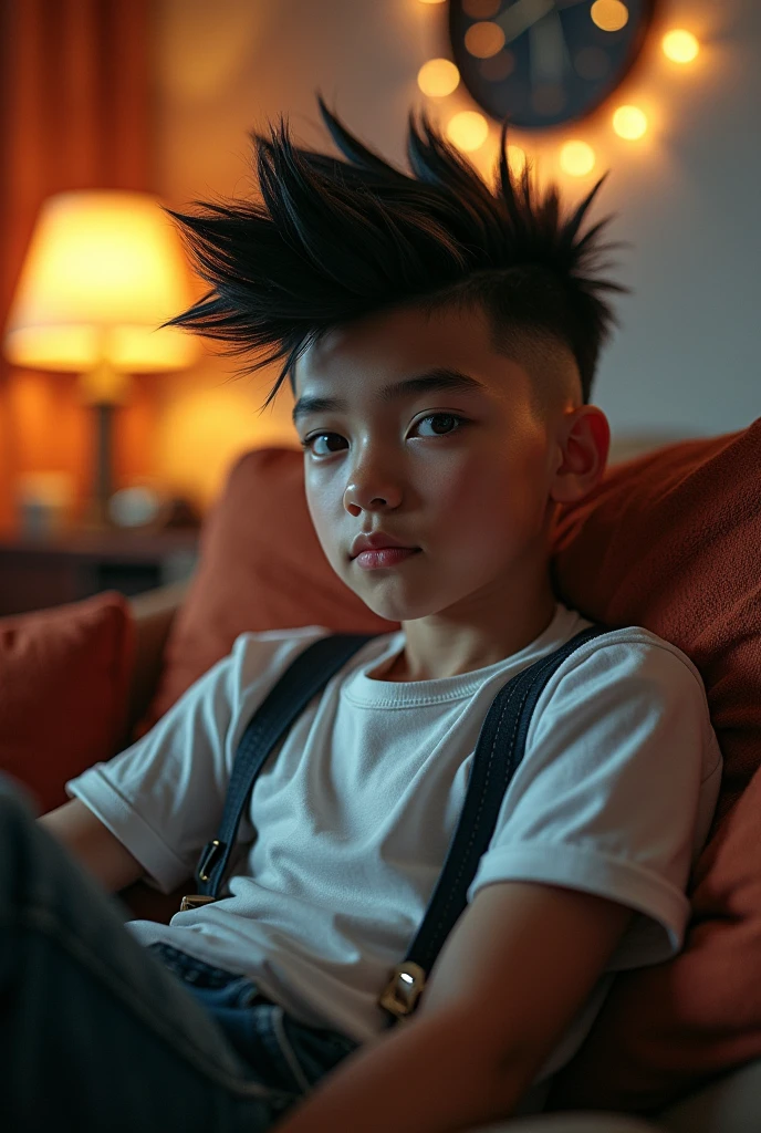 A 12 year old hot boy with a wolf cut laying on a couch