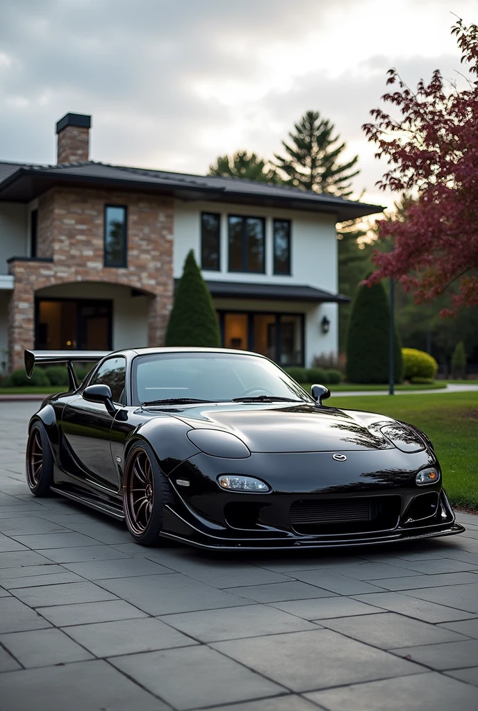 A stunning photograph of a sleek red Mazda RX-7 FD parked in front of a modern suburban house. The car is fitted with a wide body kit, a large rear spoiler, and impressive aftermarket wheels. The atmosphere is serene, with a soft light filtering through the slightly overcast sky, casting a diffused, natural light over the scene. The glossy paint on the car reflects the surroundings, drawing attention to its striking appearance. The well-manicured landscaping and stone façade of the house create a harmonious backdrop that complements the vehicle. The overall composition highlights the car as the focal point, showcasing its elegance and power in a tranquil setting.