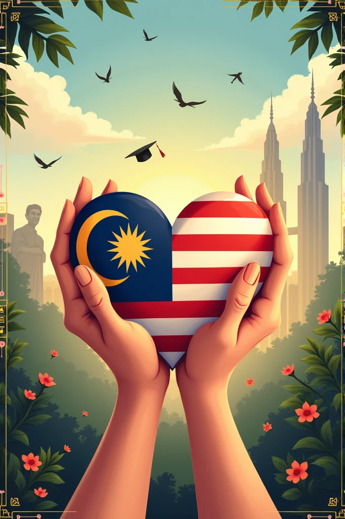 Two Big hand holding a heart made caring of malaysia flag
Surrounding by :
- birds represent freedom
- graduation hat represent intelligence
- big building malaysia petronas
- tengku abdul rahman shouting merdeka
- add gold frame outer line for illust