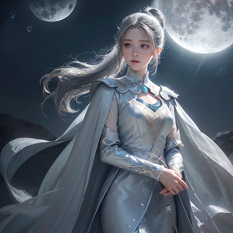 masterpiece, (Highest quality: 1.2), (Super Fine: 1.2), figure, (Very delicate and beautiful: 1.2), Film Angle, floating, (Beautiful detailing: 1.1), (Detail Light: 1.1), Film Light, Delicate Sky, woman, Gray Hair, blue eyes, (High Ponytail: 1.1), Cape, Glowing Eyes, (moon: 1.2), (moonlight: 1.1), Starry Sky, (Particles of light: 1.1), fog , Snow Painting, sketch, flowering