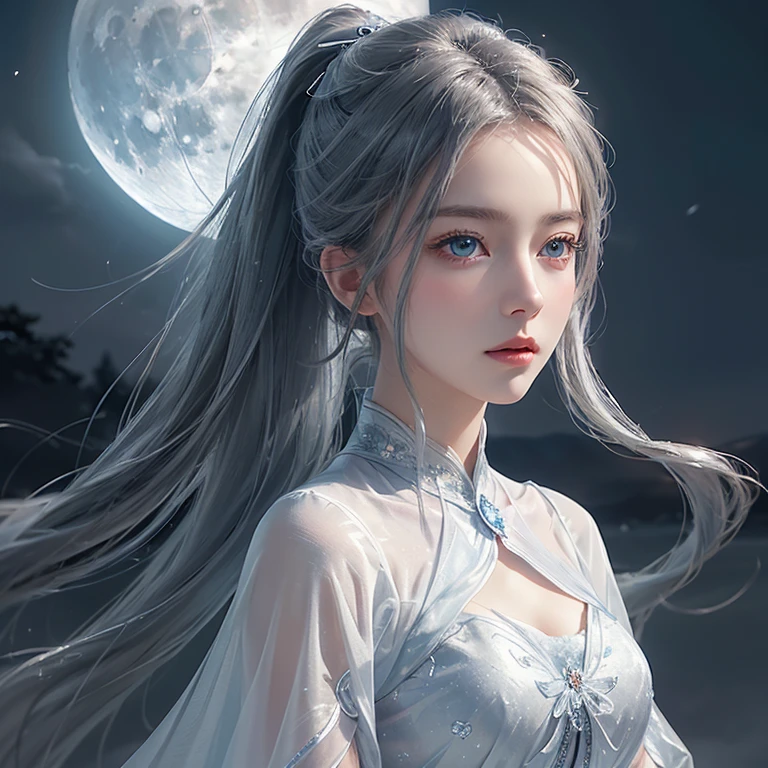 masterpiece, (Highest quality: 1.2), (Super Fine: 1.2), figure, (Very delicate and beautiful: 1.2), Film Angle, floating, (Beautiful detailing: 1.1), (Detail Light: 1.1), Film Light, Delicate Sky, woman, Gray Hair, blue eyes, (High Ponytail: 1.1), Cape, Glowing Eyes, (moon: 1.2), (moonlight: 1.1), Starry Sky, (Particles of light: 1.1), fog , Snow Painting, sketch, flowering