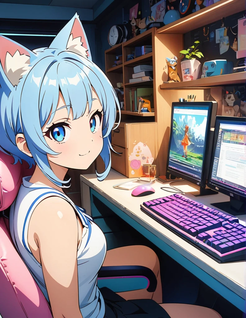 (anime artwork, anime style, studio anime, very detailed, up to date, vibrant, Anime Coloring, high contrast, masterpiece:1.2, best quality, best aesthetics),(774inc official style:1.5),(souya ichika:1.5) 1 girl,Blue hair,short Mullet hair,shaggy cut,curly hair, Best quality,light smile,{{gaming pc}},{{pink gaming chair}}girly room,(cat ear:1.5), perfect anatomy,blue eyes, computer work,