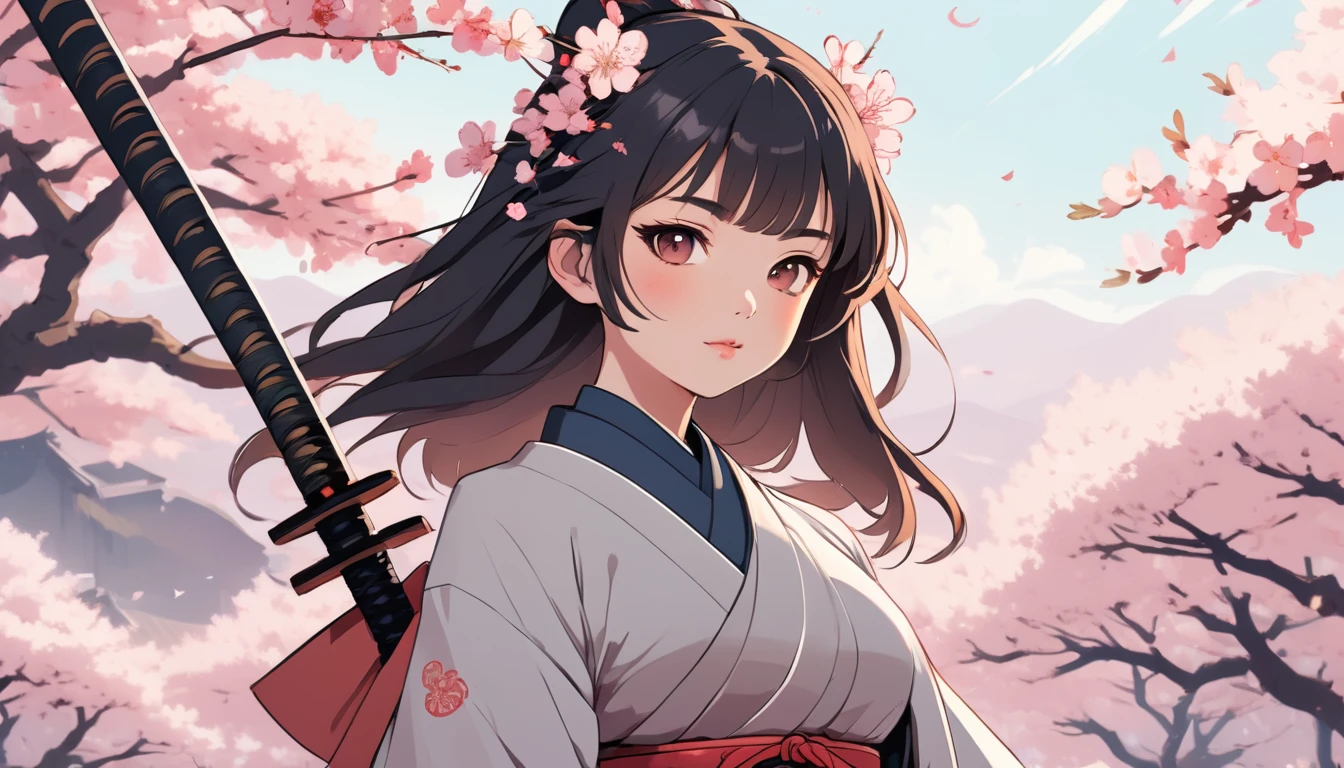 Sexy female samurai、cherry blossoms、Wide-angle lens, Lofi Anime, Lofi illustration, Aesthetic atmosphere, Lo-Fi Style, Vector art, Flat Design, Simple shape, Warm tones, Pleasant atmosphere, Chill, In anime style, Digital drawing, Vector art, Vector logo for t-shirt printing, (Adorable:1.5), (small:1.4), (Playful:1.2), (soft:1.3), (Whimsical:1.1), masterpiece, Highest quality, 8k, Intricate details, grow, Celestial, Mysterious, Picturesque, amazing, Majestic, Magic, Fantasy art, Cover art, dream-like