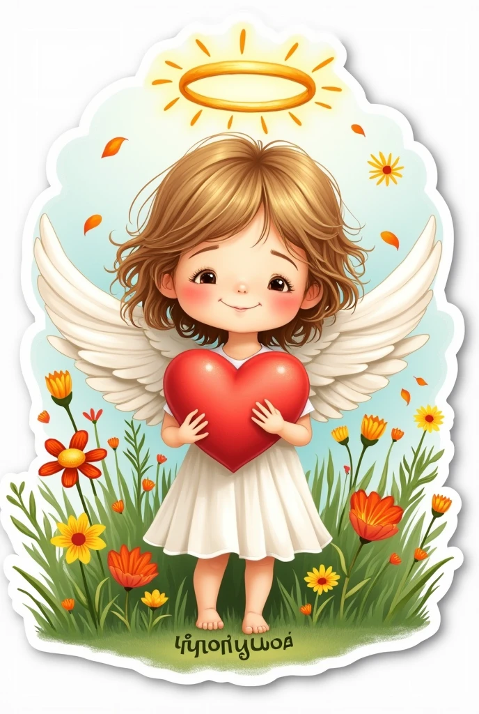 Drawn angel sticker - a child holding a heart, In the grass
A halo above the head. Flowers
Word" limit" in Cyrillic, under it