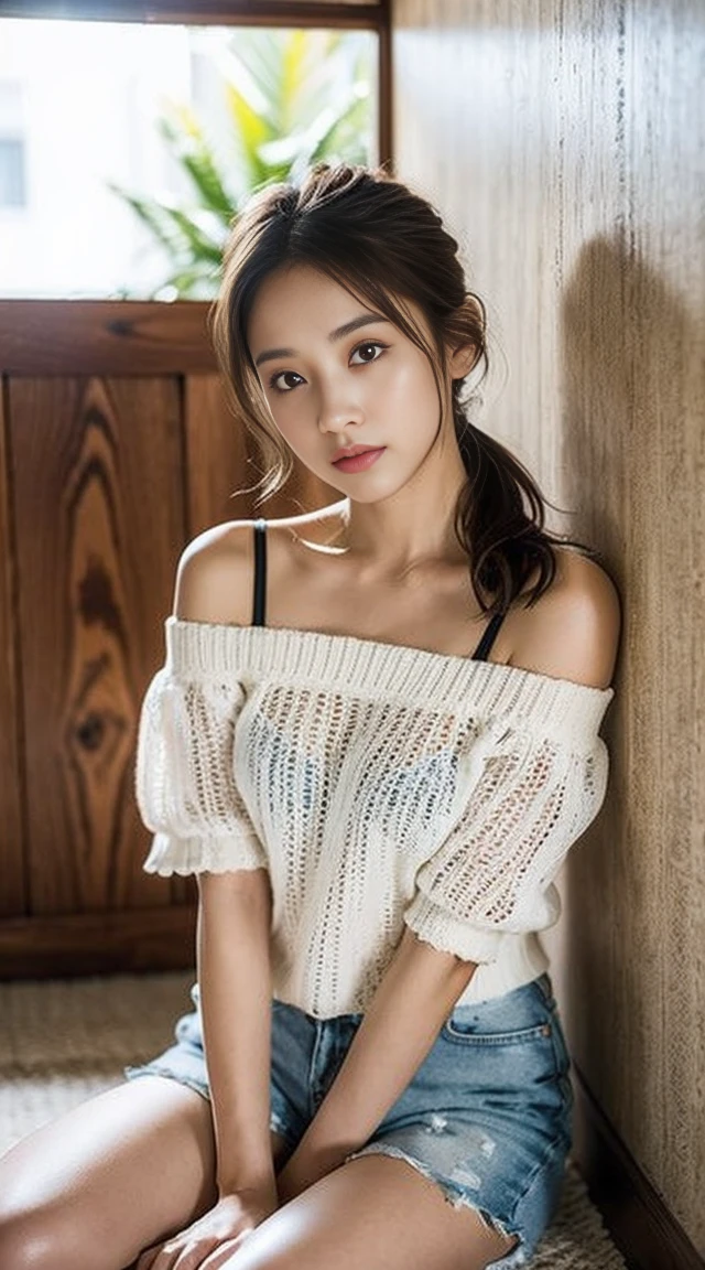 Dark brown hair、Light brown eyes、Japanese actress、 Lady、I am about 40 years old......、(Intricate details:1.2)、 (Ultra-high resolution:1.2)、Ultra-high resolution、(Fine-tune)、(Detailed facial features)、Hmph、8k resolution、D cup size breasts、Long Hair、Bright terrace room with sunlight streaming in、Large windows、Extravagant space、relax、、,Full body photo、Head to toe shot、Beautiful legs、Floral Off-the-shoulder T-shirt、Shorts、Beautiful legs、Bright terrace room with sunlight streaming in、she, household items, (plant:0.8), Fashion Hub, Very detailed, Very detailed, Realistic, Hourglass Shaped Body, Obscene pose,、Messy Hair、Messy ponytail、Leaning against a wall、I cry a lot、tears、Skin is visible through the knit、White floor、White wall、A masterpiece of transparent painting、