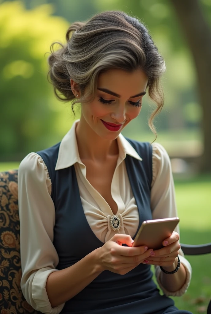 1girl, matured female, vest, bow, photo, realistic, best quality, curely hairs, detailed face,sit in a park and use mobile,detailed background, diffused sunlight, depth of field, bokeh pretty face curly hairs and details in face red lips shinny skin,