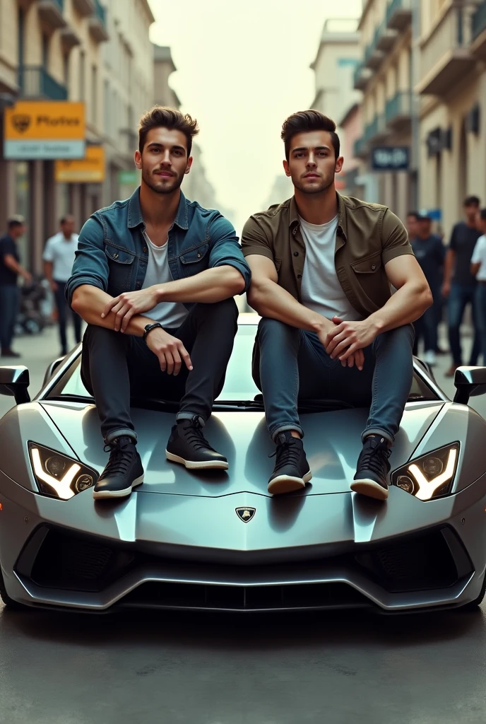 A realistic portrait of two young man  sitting on Lamborghini with fair skin, high resolution, ulta 8k, behind the seen movie shooting