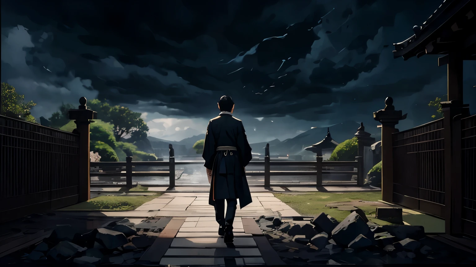 Highest quality、High resolution、Realistic、A dramatic and intense scene of a Japanese nobleman being exiled from a grand palace. The nobleman, dressed in formal yet somber attire, walks away with a mixture of shock and sorrow on his face. The palace gates behind him are large and imposing, slowly closing as he departs. The sky is dark and stormy, with ominous clouds gathering, adding to the sense of tragedy and tension. The path ahead is narrow and uncertain, symbolizing the unexpected and harsh nature of his exile.