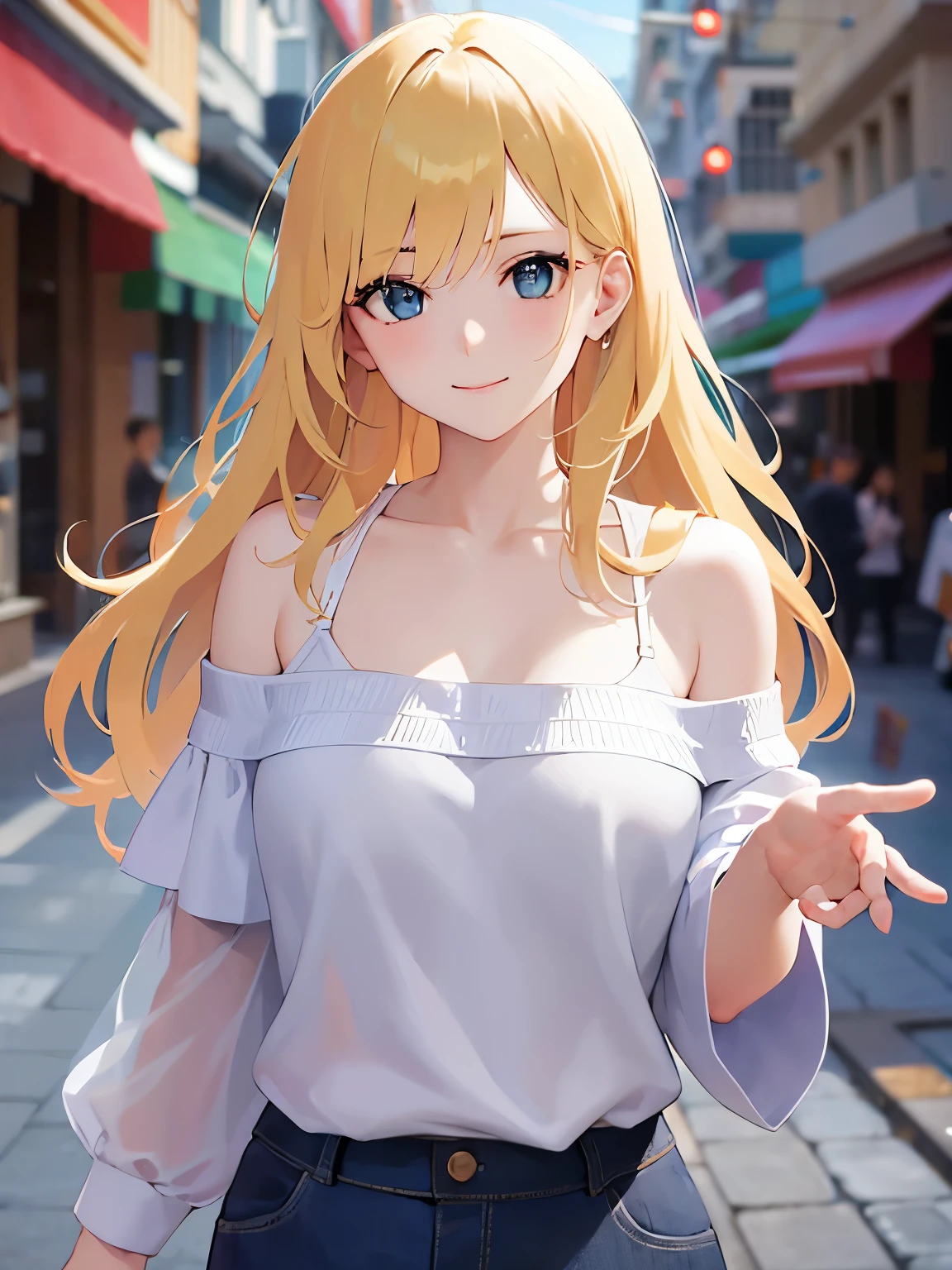 (outstretched arm:1.5), 、Upper Body, Realistic, real person, (pale skin: 1.2), RAW photo, photorealistic, shiny skin, shiny hair、(A 25-year-old woman with medium-length hair and bangs) and (wavy hair) and (Blonde Hair) and (green eyes) , BREAK (white) and (off shoulder blouse) BREAK 、(smile:1.2), The background is a shopping street、Alone、Are standing