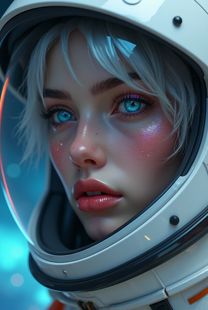 (Close-up of a better masterpiece:1.5)0.9], (Space and astronauts:1.2) (Messy silver hair:1.1) (Heterochromia xanthochromia and blue eyes:1.2) (Space Helmet:1.0) (Colored stars in the eyes:1.0) (A radiant glow:1.1) (thick lips:0.9)