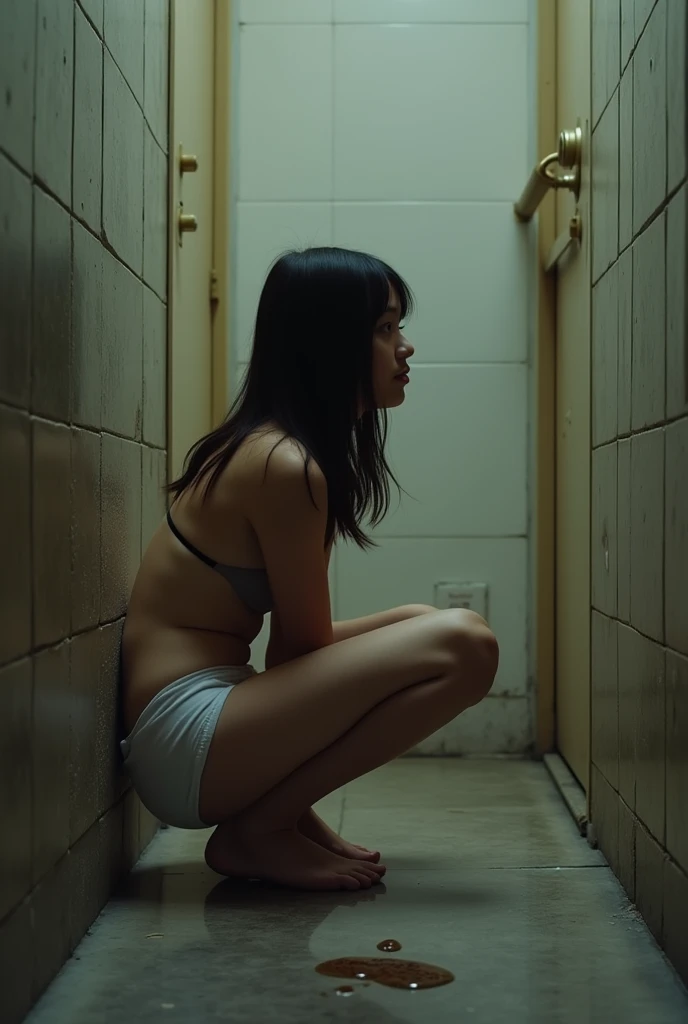 (A girl) (peeing & pooping, urgently) Hiding behind alley)(Realistic) (peeing and pooping in a corner of an alleyway) (she pulls down underwear and pants to the floor) (squatting down) (pee stains) ( peeing dripping)四つん這い
