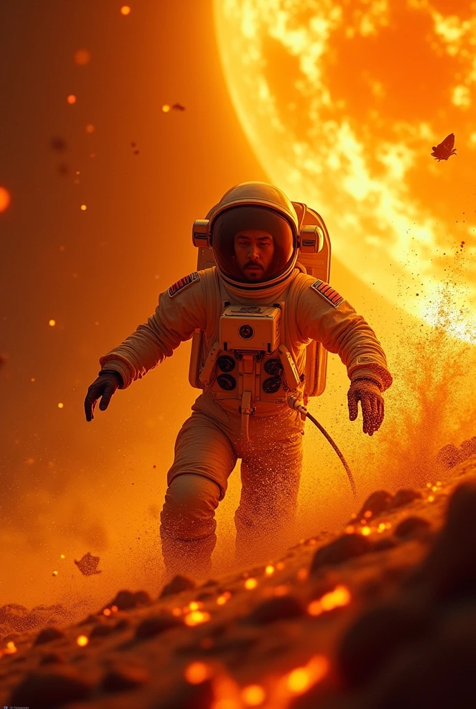 astronaut,malaysia,59 year old,swimming in lava,extremely hot environment,on the surface of the sun,(best quality,4k,8k,highres,masterpiece:1.2),ultra-detailed,(realistic,photorealistic,photo-realistic:1.37),detailed face and body,dramatic lighting,intense colors,fiery atmosphere,molten lava,scorching heat,sci-fi,cinematic