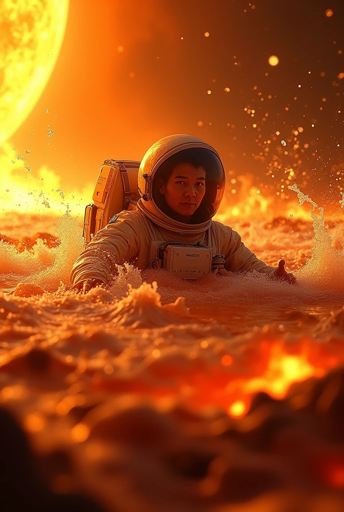 astronaut,malaysia,59 year old,swimming in lava,extremely hot environment,on the surface of the sun,(best quality,4k,8k,highres,masterpiece:1.2),ultra-detailed,(realistic,photorealistic,photo-realistic:1.37),detailed face and body,dramatic lighting,intense colors,fiery atmosphere,molten lava,scorching heat,sci-fi,cinematic
