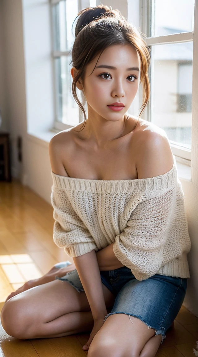 Dark brown hair、Light brown eyes、Japanese actress、 Lady、I am about 40 years old......、(Intricate details:1.2)、 (Ultra-high resolution:1.2)、Ultra-high resolution、(Fine-tune)、(Detailed facial features)、Hmph、8k resolution、D cup size breasts、Long Hair、Bright terrace room with sunlight streaming in、Large windows、Extravagant space、relax、、,Full body photo、Head to toe shot、Beautiful legs、Floral Off-the-shoulder T-shirt、Shorts、Beautiful legs、Bright terrace room with sunlight streaming in、she, household items, (plant:0.8), Fashion Hub, Very detailed, Very detailed, Realistic, Hourglass Shaped Body, Obscene pose,、Messy Hair、Messy ponytail、Leaning against a wall、I cry a lot、tears、Skin is visible through the knit、White floor、White wall、A masterpiece of transparent painting、