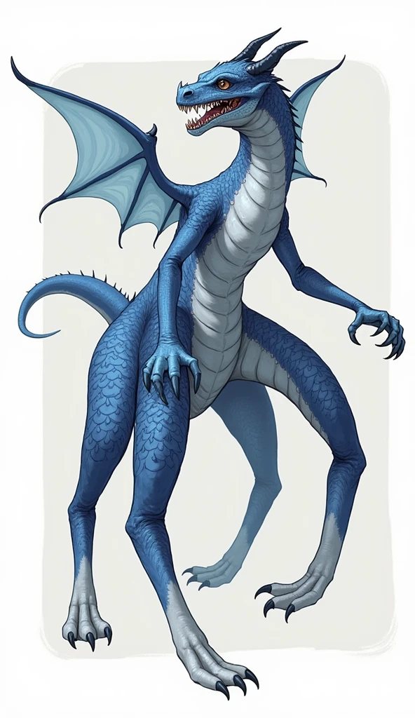Species ("Four legged Dragon")

Appearance ("Height 330 cm"+"Body covered in rough scales, while her genitals are very smooth"+"Sharp claws and sharp teeth"+"Horn on head"+"Brown eyes"+"Scales on abdomen and inner legs are white"+"Scales on other parts are blue"+"Small wings"+"Flying"+"Slender tail"+"Brown eyes")