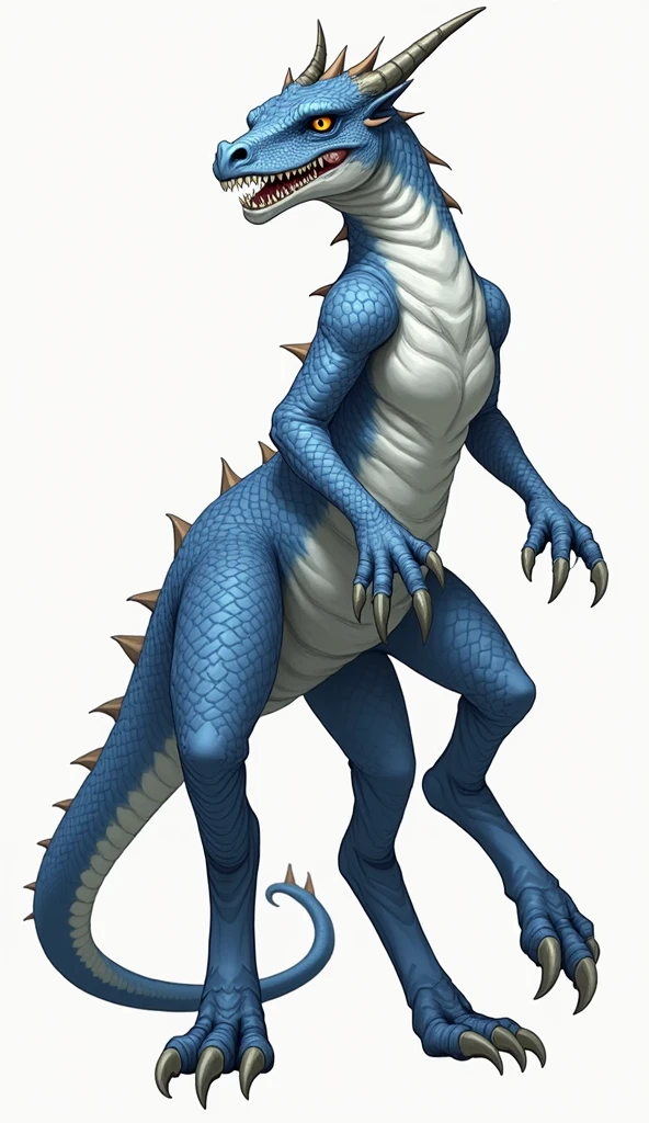 Species ("Four legged Dragon")
Appearance ("Height 330 cm"+"Body covered in rough scales, while her genitals are very smooth"+"Sharp claws and sharp teeth"+"Horn on head"+"Brown eyes"+"Scales on abdomen and inner legs are white"+"Scales on other parts are blue"+"Small wings"+"Flying"+"Slender tail"+"Brown eyes")