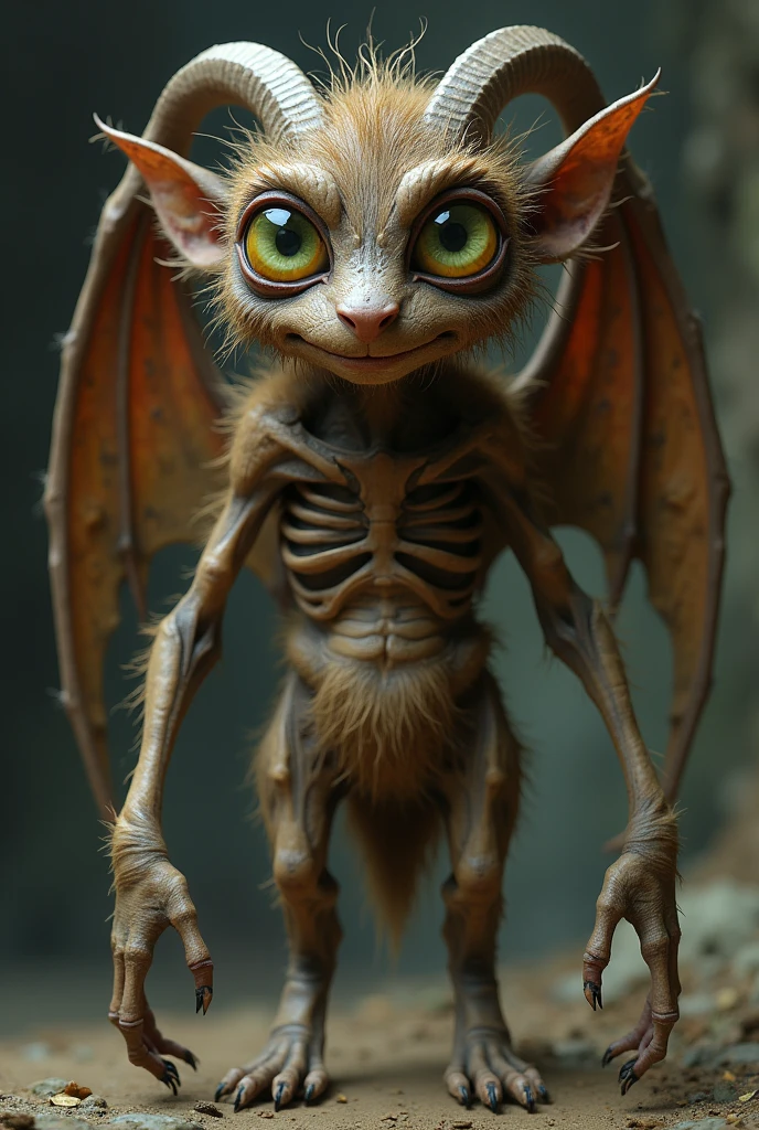 Wide-eyed, green-colored eyes, brown hair, brown face, thin body, visible ribs hanging down from the head like a bat, but a big bat with a little fur and a tail like a goat.
