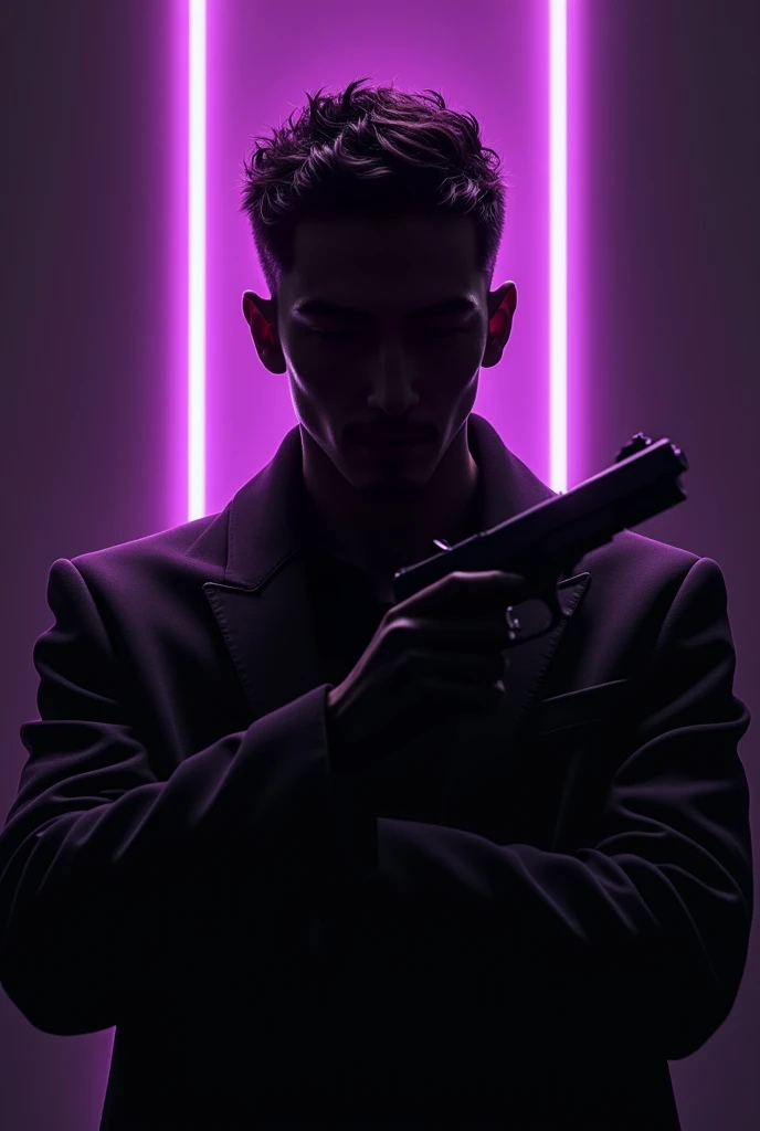 Black and white logo with a purple neon silhouette of a man with a blurry face,with a gun, very short textured hair
