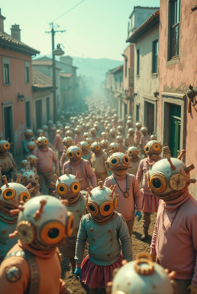 a group of creature with gear head gathering, old town, pastel colors, surreal atmosphere, dreamcore, raw photo, film grain, aerial shot