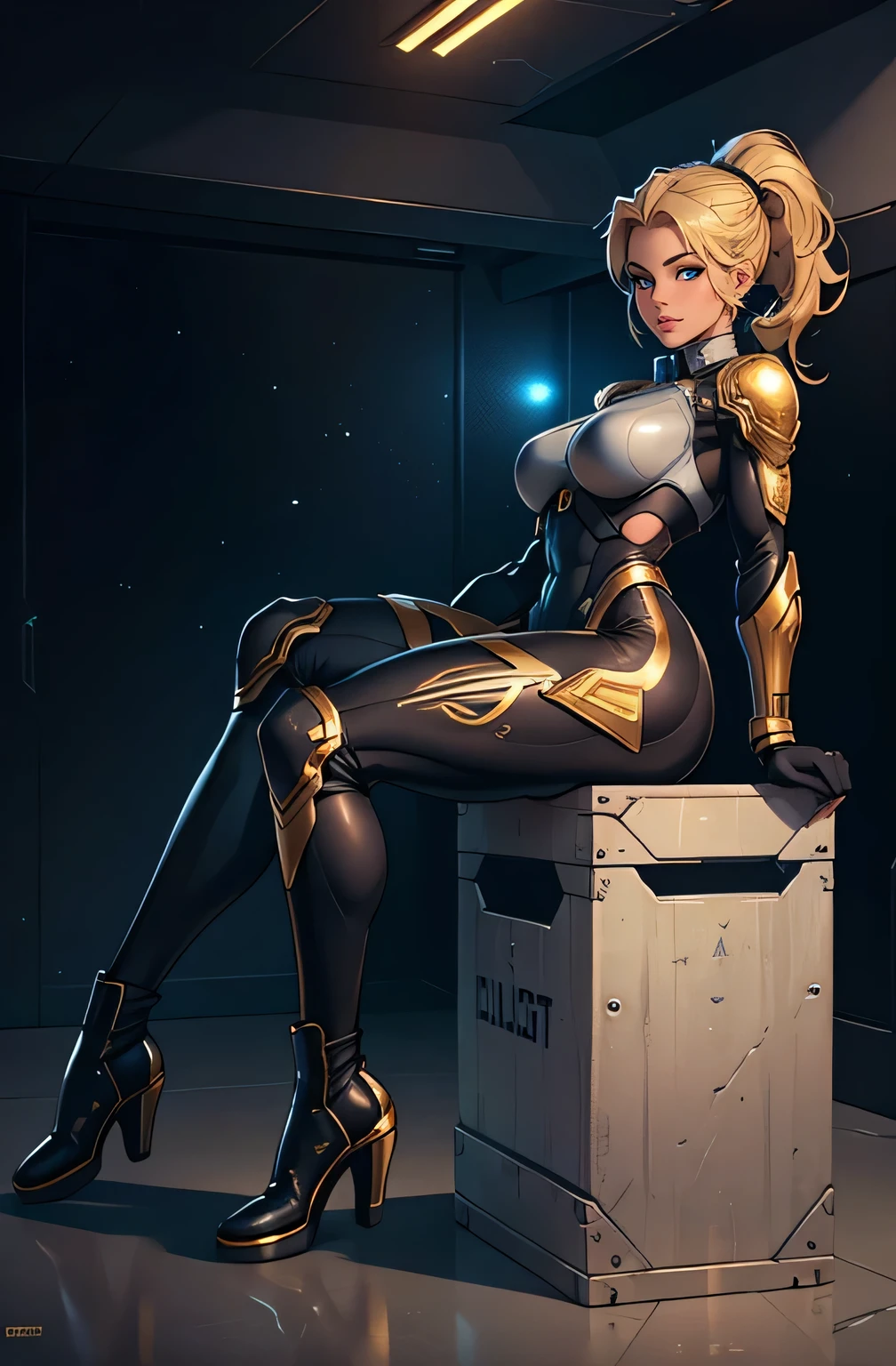 a young blonde girl, beautiful detailed eyes, beautiful detailed lips, extremely detailed face, long eyelashes, girl in black space armor with gold accents, full body space suit, no helmet, intricate detailed space suit, futuristic, sci-fi, hyperrealistic, 8k, top quality, cinematic lighting, dramatic lighting, vibrant colors, dynamic pose, epic, dramatic,sitting on a ammo crate , PIN Up pose,beautiful blue eyes, detailed muscular body, ponytail hairstyle, full body, beautiful detailed lips, light smile on face, full length photo, full-body shot , she has black space boots. body focus, Beautiful body, Beautiful character design , full body view, adult, full clothes, Beautiful Face, light smile, abs, erotica