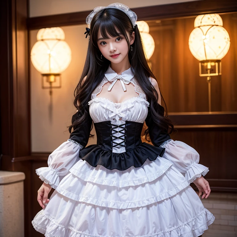 The skirt has a bow at the back of the waist, Skirt length to calf, cupcake dress, Layered skirt with lace on each layer, Wear a LOLITA dress, layered dress, Black lolita skirt, The skirt has a lot of lace, Long sleeve, Wide sleeves, Big skirt, layered lace skirt, Puff sleeves, Wide sleeves, Transparent sleeves, intricate details showcase the ruffles and intricate designs of the Lolita dress, Wearing a lolita dress, in the amusement park, at disneyland, best quality, Delicate face，beautiful visual work, lifelike, eternity, black hair, Long curly hair, blunt bangs, Smile, Detailed Background, Delicate face，blush，cold，((masterpiece))、(top quality)、8k、high detail、Super detailed，41-year-old female， masterpiece、born、Scenes resembling fairy tale illustrations、intricate details和複雜的設計、Beautifully、magic、capricious、 Beautifully、Dream aesthetics、「𝓡𝓸𝓶𝓪𝓷𝓽𝓲𝓬、ethereal、charming、fickle、magic」、realism、Visual effects、FXAA、SSAO、Shader、voiceless、ambient lighting、Tone mapping、High resolution、Ultra high quality、Million pixels、(8K resolution:1.10)、8k、8k以下、8K resolution、high detail、intricate details， (high quality:1.2、masterpiece:1.2、:1.21)、(41-year-old female:1.21)、(興奮地Smile)、(Surrounded by a dreamy atmosphere、Model diagram，full-body shot，Normal 2 feet，Put your hands behind you，The protrusion of the breast is visible when wearing clothes, Large Breasts, H cup chest, Don&#39;t show your fingers, full-body shot， full-body shot，full-body shot，full-body shot，full-body shot，full-body shot，full-body shot，full-body shot，hands hidden in clothes, hands hidden in clothes,hands hidden in clothes,hands hidden in clothes,hands hidden in clothes,hands hidden in clothes,hands hidden in clothes,hands hidden in clothes,hands hidden in clothes, ,hands hidden in sleeves ,hands hidden in sleeves ,hands hidden in sleeves ,hands hidden in sleeves ,hands hidden in sleeves ,hands hidden in sleeves ,hands hidden in sleeves ,hands hidden in sleeves, arms behind back, arms behind back, side view, side angle, Each layer of the cake skirt has lace, side view photo, side angle shot, Black and white lolita dress, side view, side view, side view,Side angle, Side angle, in the Disneyland Park