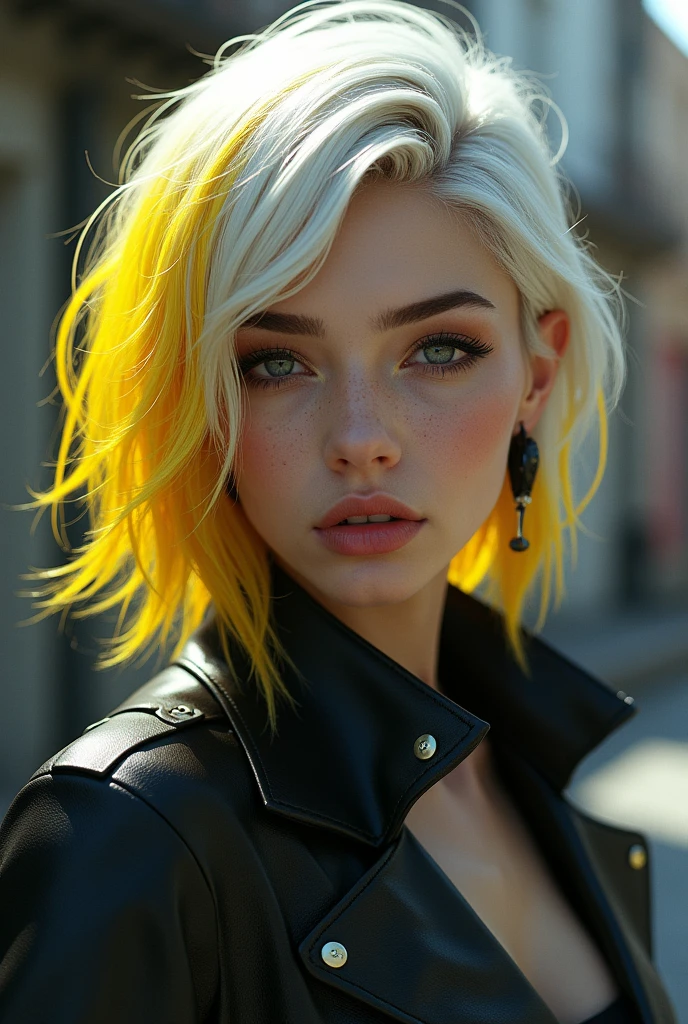   I am white and yellow, I have black wolf cut hair, fine face,slanted eyes, bad girl face, Full lips and super pretty, the hair a little longer, marked jaw, no bangs, no bangs 