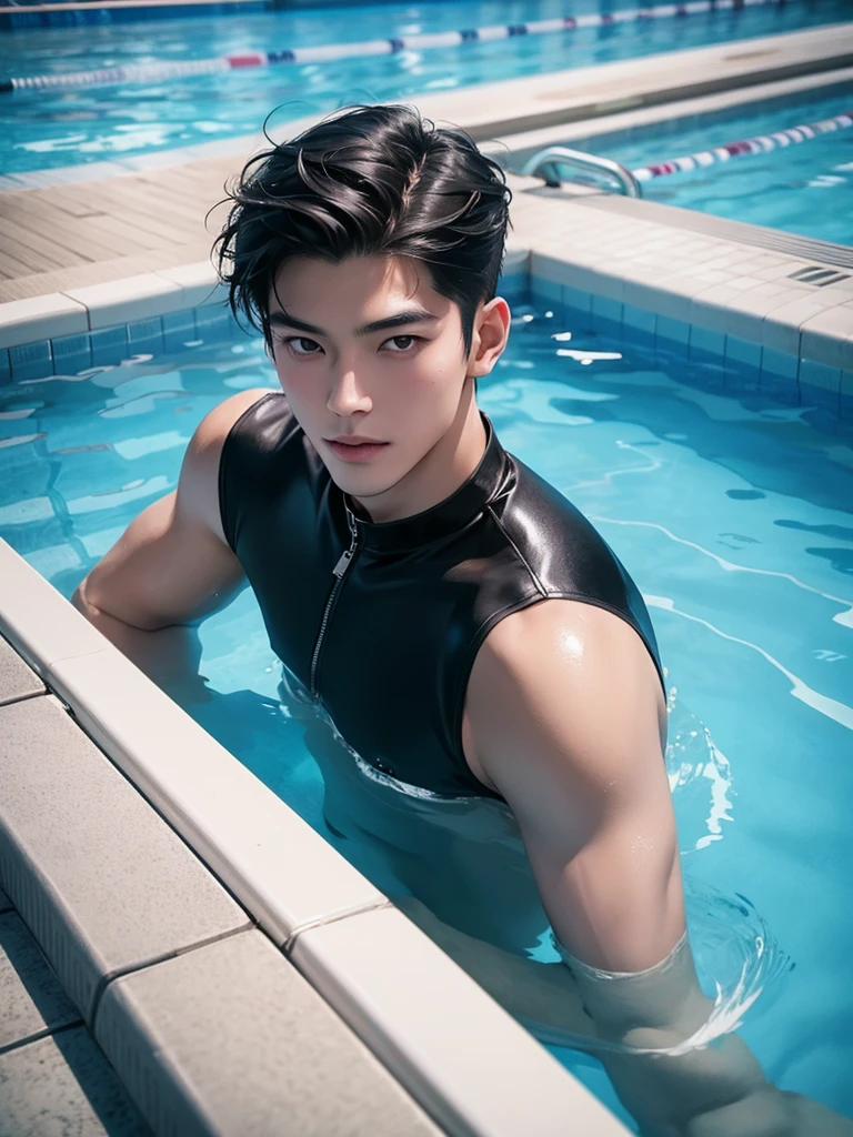 Cinematic Photo of two handsome japanese men 25-30 y.o fashion model, medium black hair. He is swimming in the swimming pool. Happy