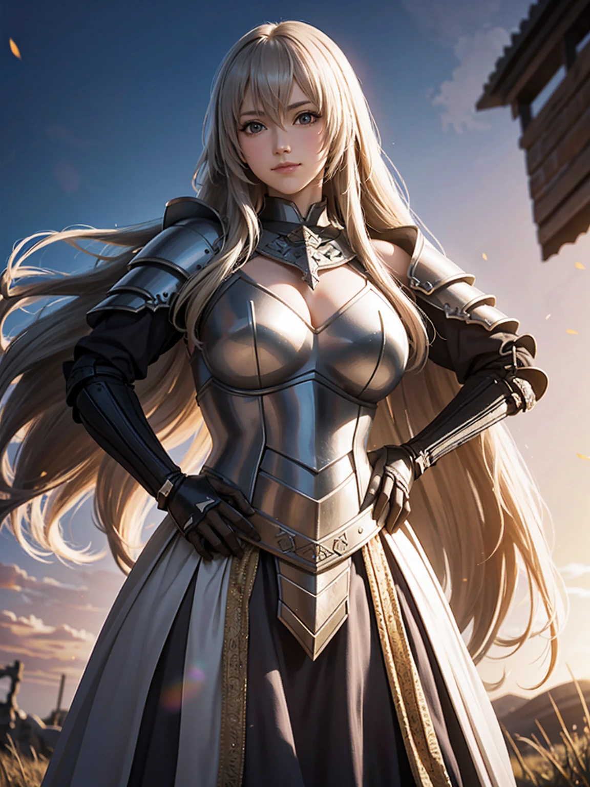 jeanne d'arc, (ancient armor:1.2), fluttering hair, long wavy hair, long curl hair, (upper body from below:1.2), blush, gentle smile, hands on hip, in grassland, sunrise