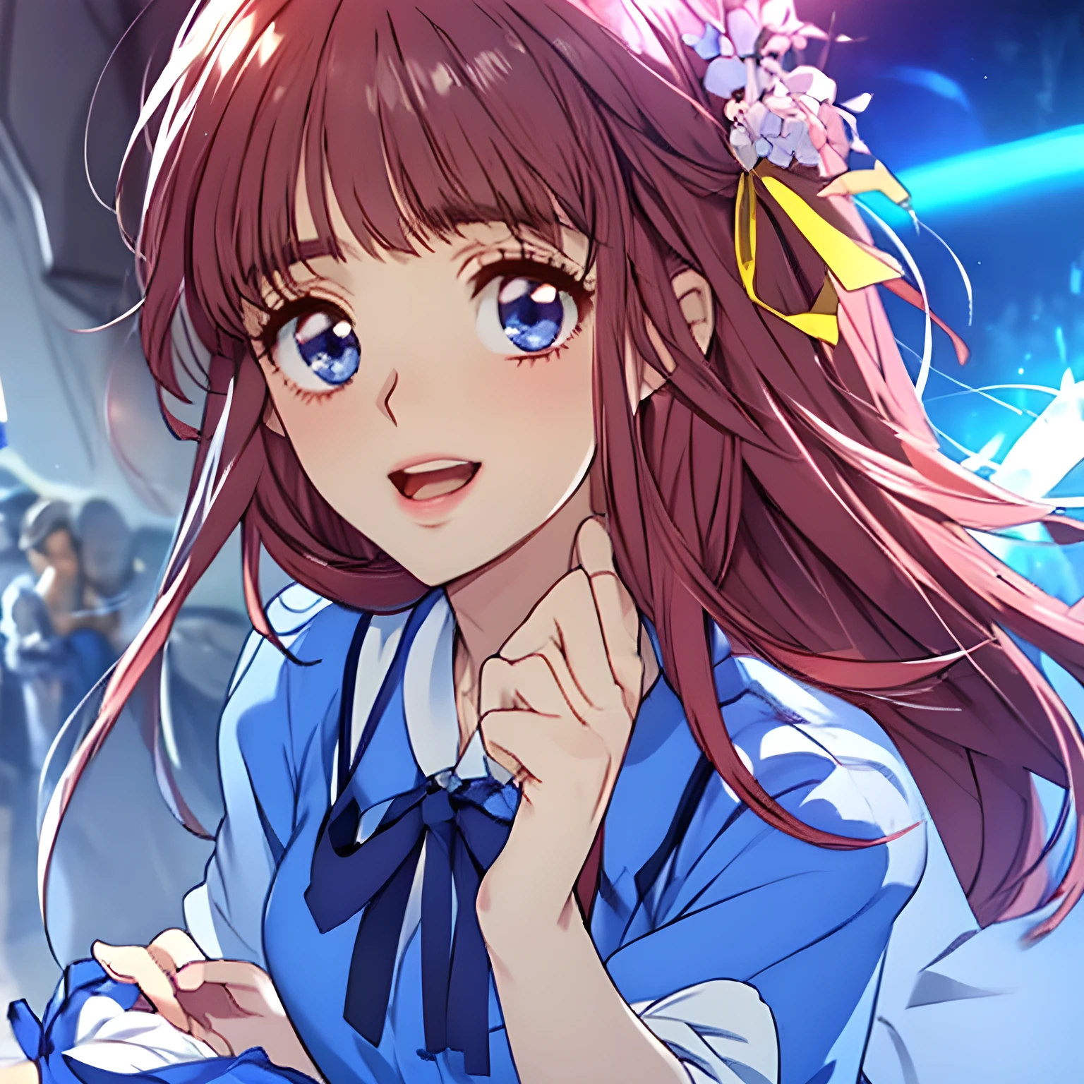 (masterpiece, Highest quality: 1.2), (A portrait of a game's cutest heroine: 1.3), (A cutely giggling 16yo daughter of Venus is giggling and fascinates me : 0.7), (A giggling cute noble graceful face,  wearing a sailor uniform, Glossy up-curved lips, Beautiful soft white hands and legs: 1.0), (Beautiful glossy light-red super long hair, Evenly trimmed bangs, with yellow long hair ribbons), (Dark blue sailor-style school uniform, dark blue jacket, Dark blue sleeves, A long, dark blue pleated skirt, crimson scarf, Dark brown loafers:1.2), (Cute blue laughing eyes as beautiful as Venus with cutely detailed: 1.6), (She Looking at me and laughing at me: 1.3), (The pink background is a rotating circle of school uniforms, very girly ribbons, girly skirts, and flowers: 1.2)