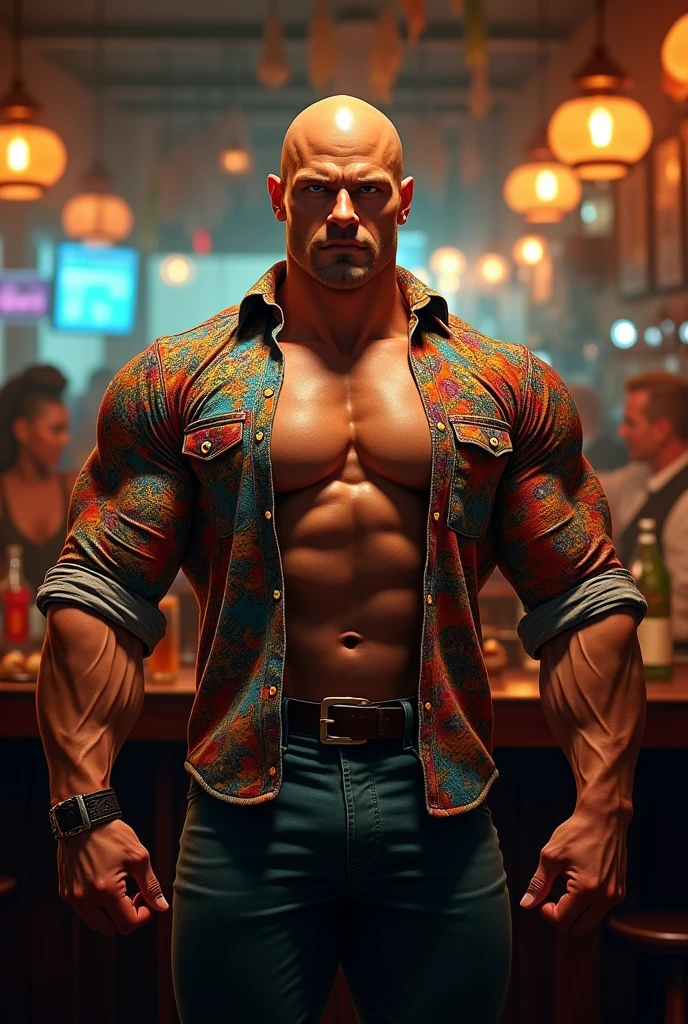 Big giant body builder bald men wearing unbuttoned multi coloured double pocket shirt at bar
