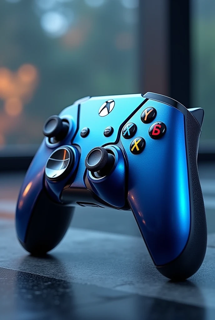 A controller that has Xbox, PlayStation and Nintendo buttons, robot style, blue color.