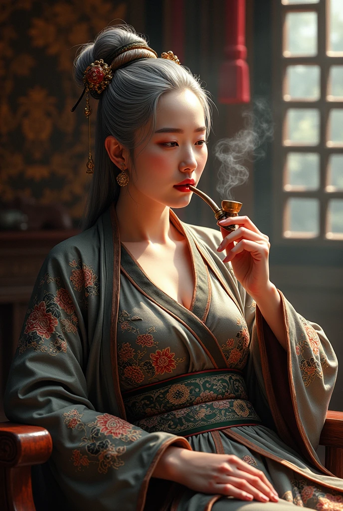 Big breasts,elderly,Beautiful woman,Tang Dynasty,Sit in the main hall,Tobacco pipe,smokes,Faucet crutches,Black dragon pattern on clothes